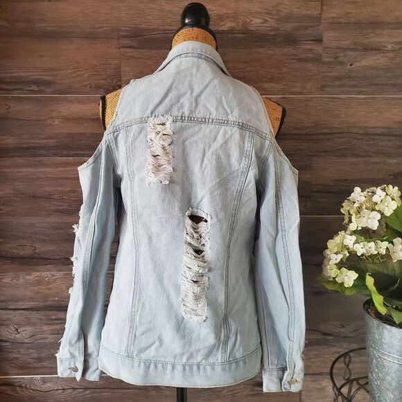 Point 5 Cold Shoulder Denim Jacket Light Wash Small - Picture 9 of 10